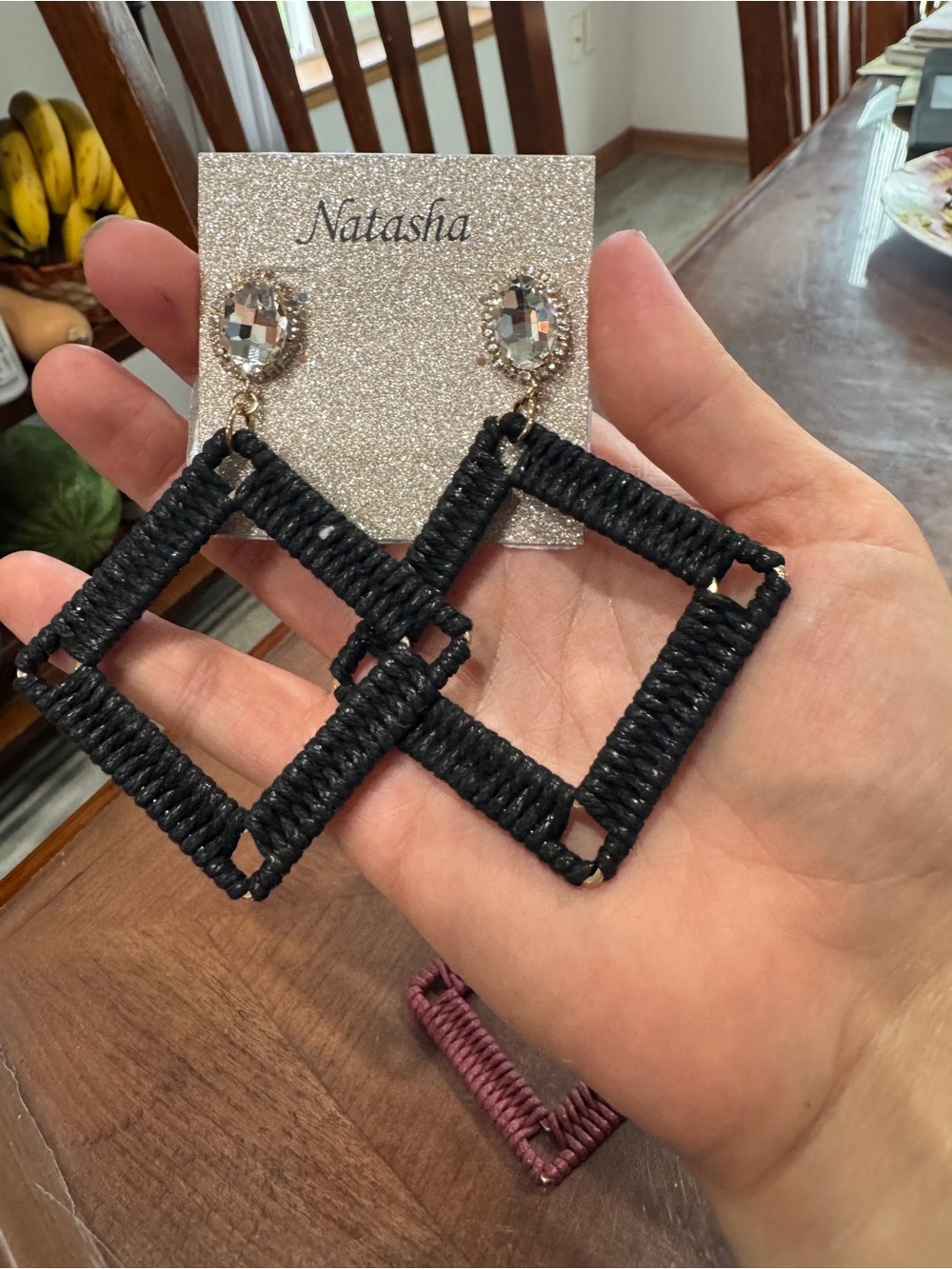 Natasha Couture Black Woven Diamond Drop Earrings with Crystal Studs